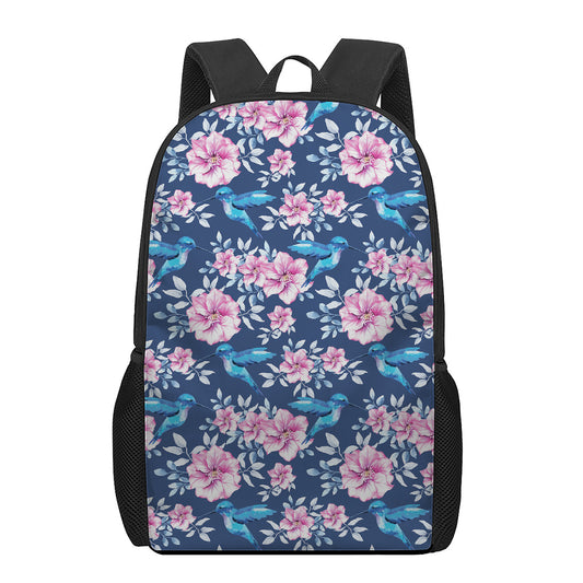 Pink Flowers And Hummingbird Print 17 Inch Backpack