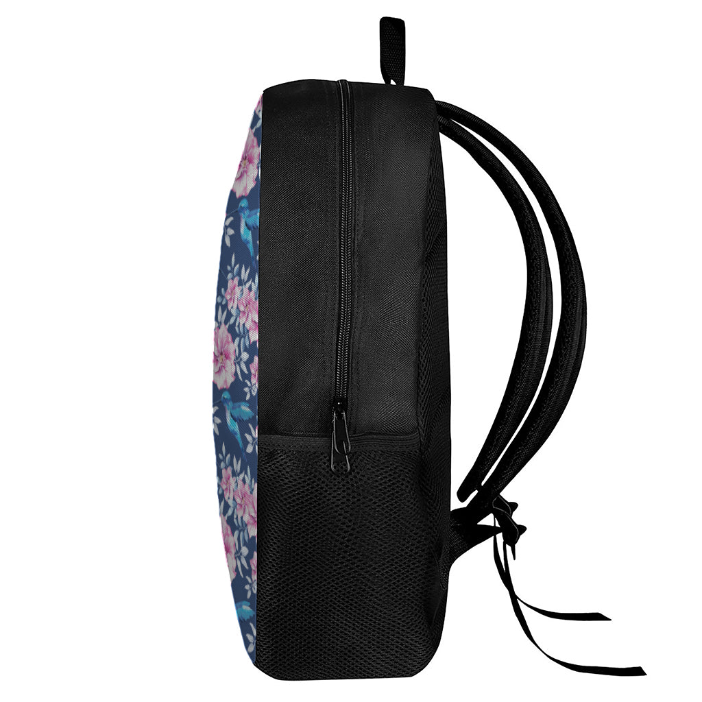 Pink Flowers And Hummingbird Print 17 Inch Backpack