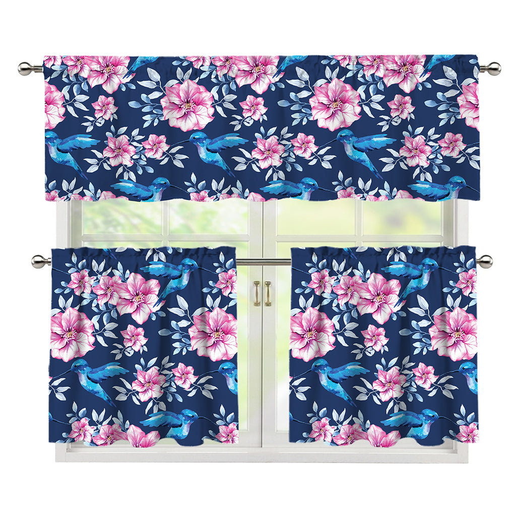 Pink Flowers And Hummingbird Print 3 Piece Kitchen Curtains