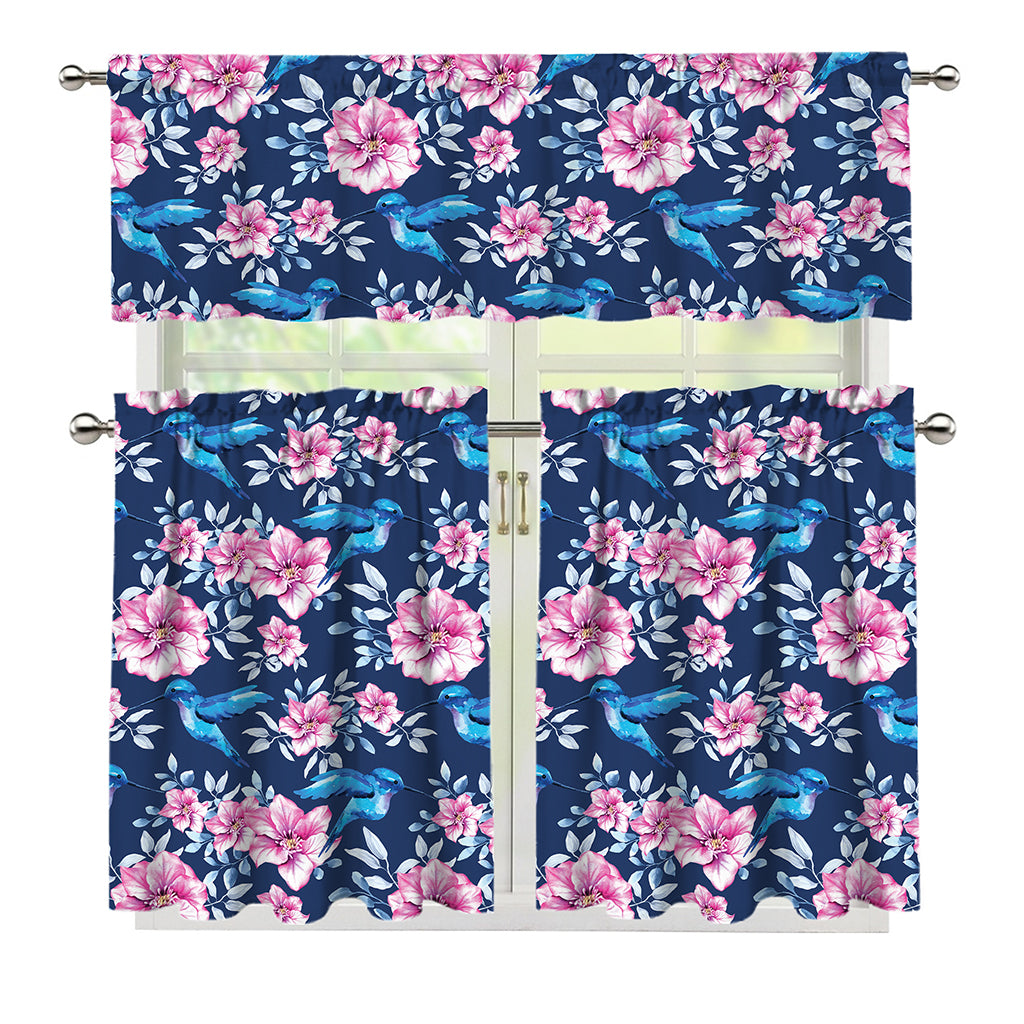 Pink Flowers And Hummingbird Print 3 Piece Kitchen Curtains