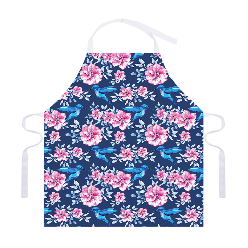 Pink Flowers And Hummingbird Print Adjustable Apron