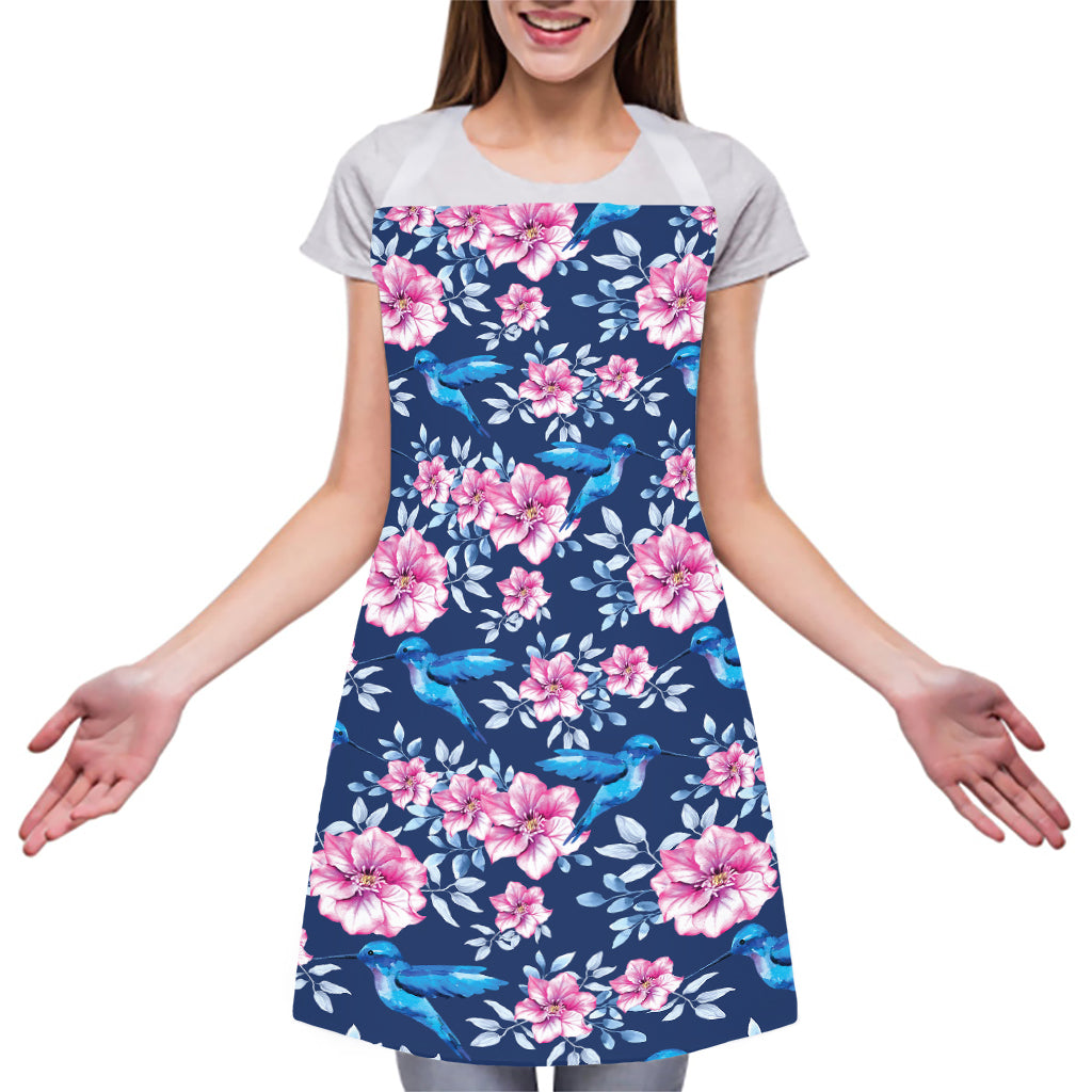 Pink Flowers And Hummingbird Print Adjustable Apron