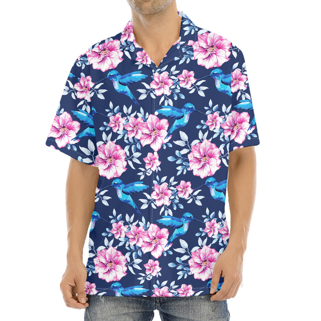 Pink Flowers And Hummingbird Print Aloha Shirt