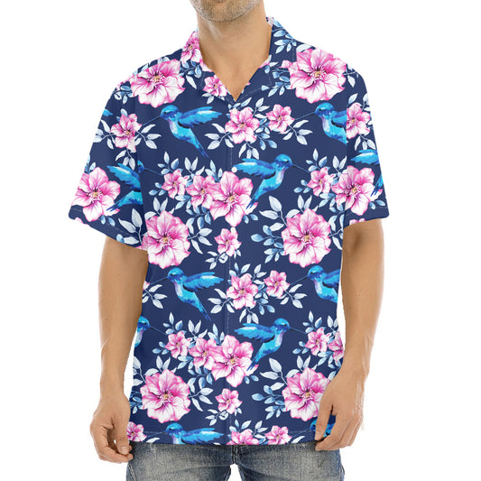 Pink Flowers And Hummingbird Print Aloha Shirt