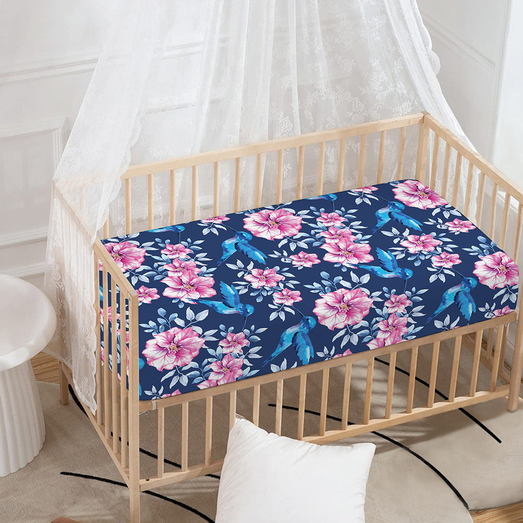 Pink Flowers And Hummingbird Print Baby Crib Sheet