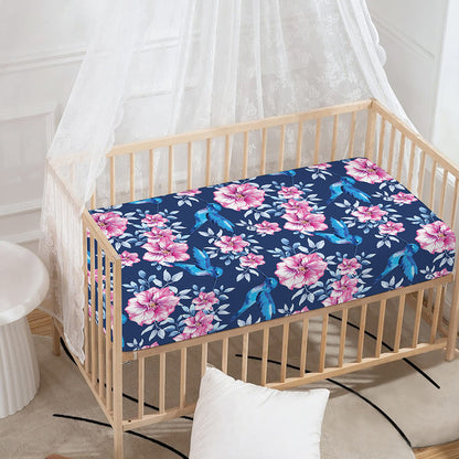 Pink Flowers And Hummingbird Print Baby Crib Sheet