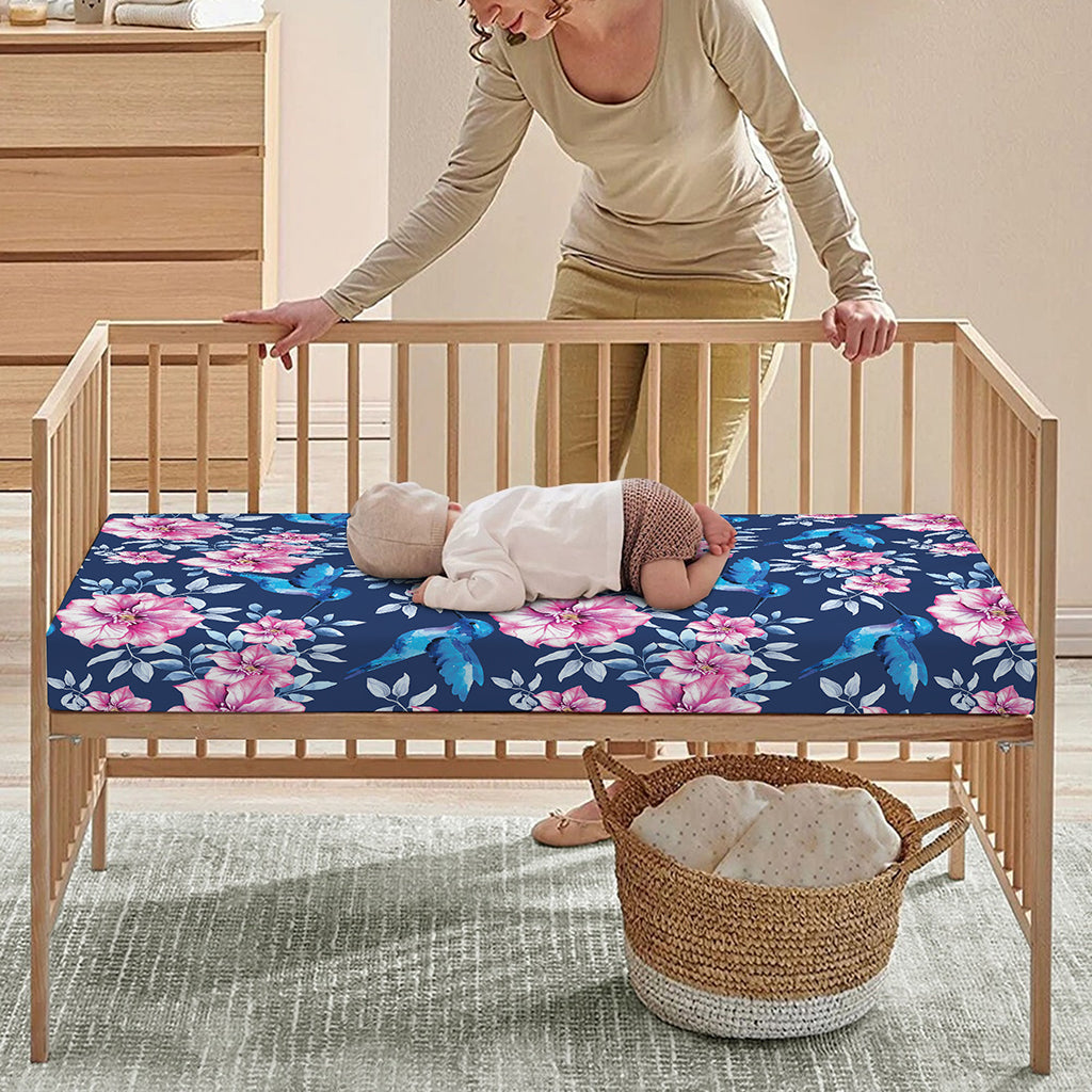 Pink Flowers And Hummingbird Print Baby Crib Sheet