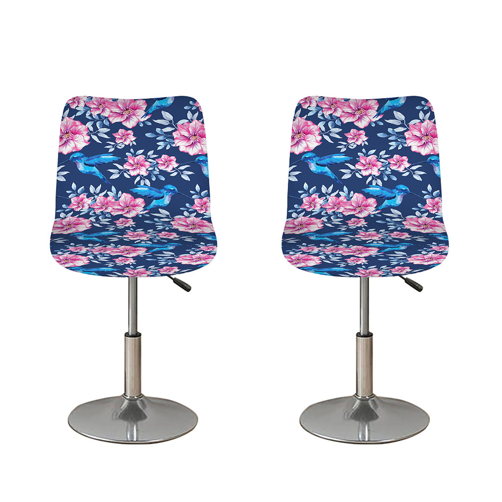 Pink Flowers And Hummingbird Print Bar Stool Covers