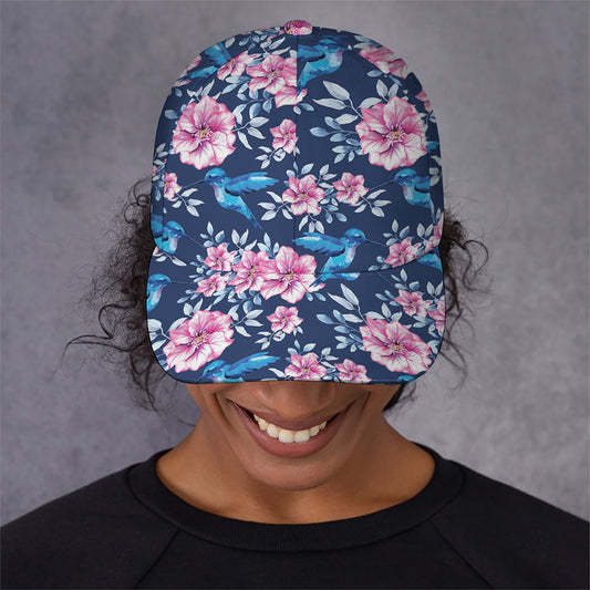 Pink Flowers And Hummingbird Print Baseball Cap