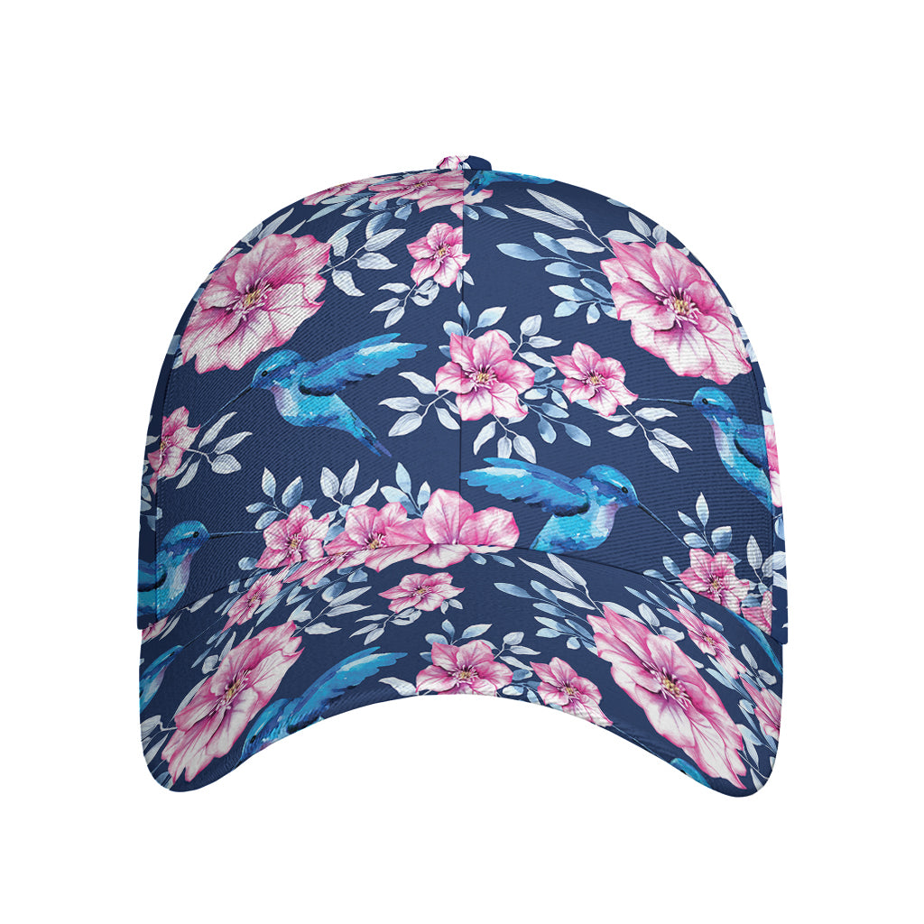 Pink Flowers And Hummingbird Print Baseball Cap