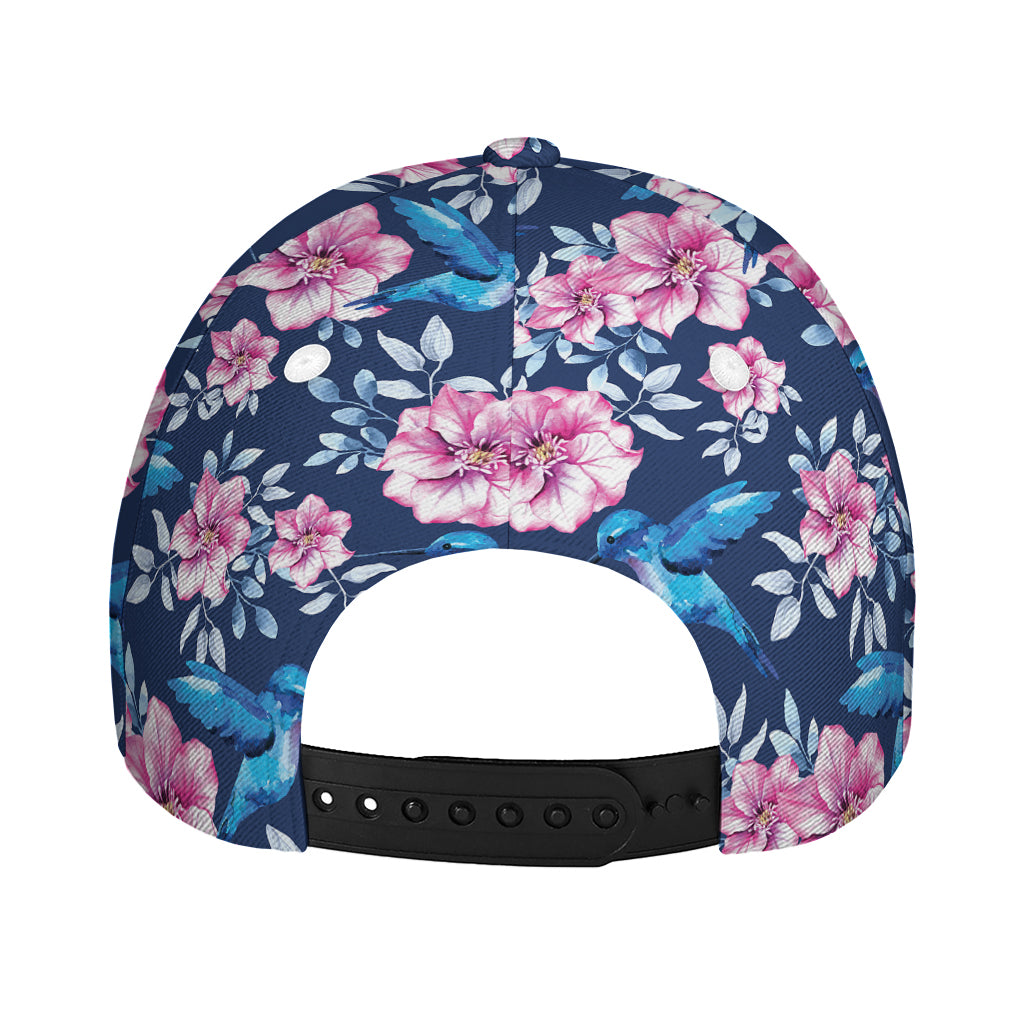 Pink Flowers And Hummingbird Print Baseball Cap