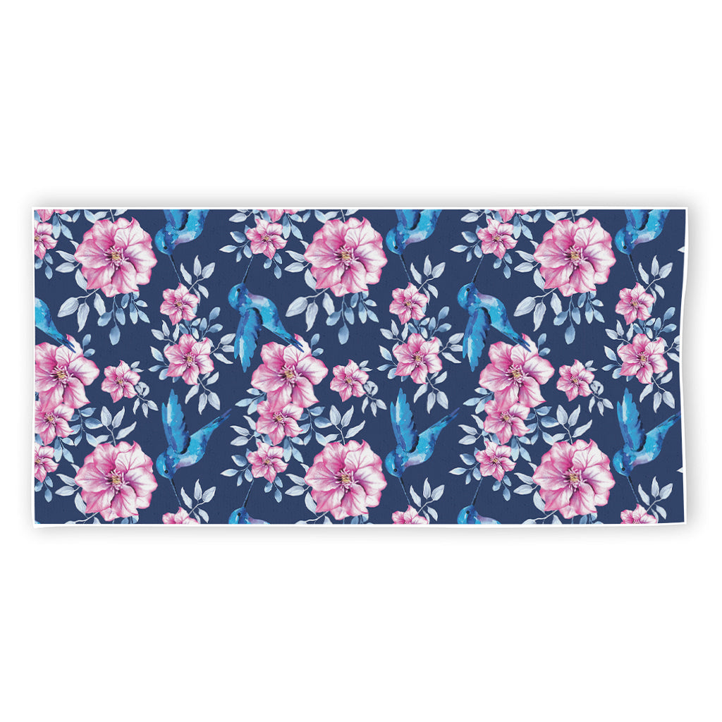 Pink Flowers And Hummingbird Print Beach Towel