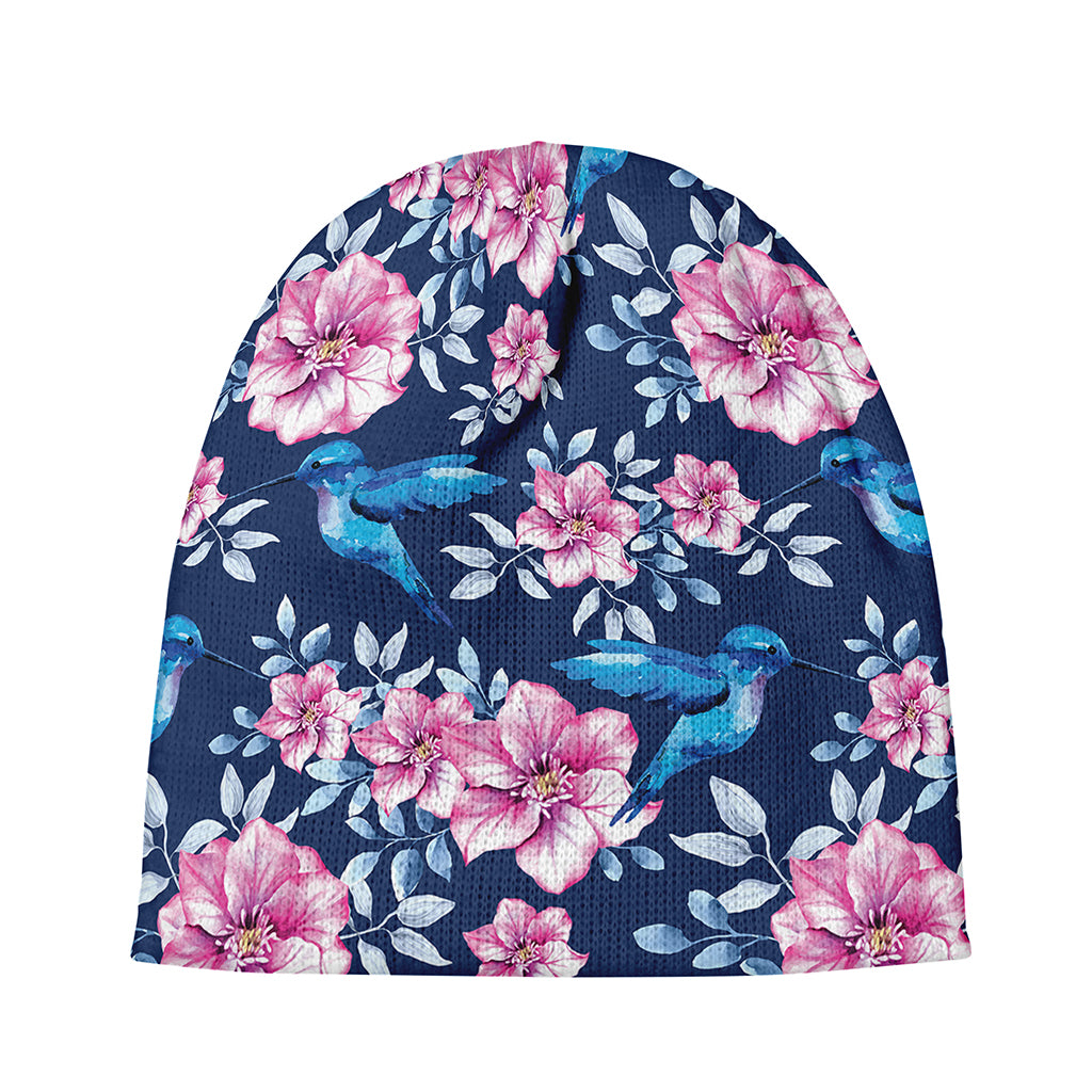 Pink Flowers And Hummingbird Print Beanie