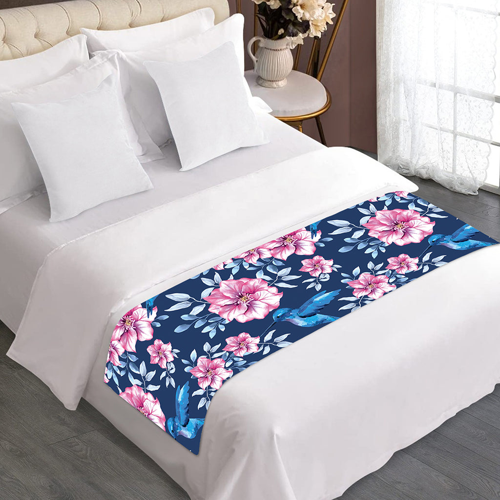 Pink Flowers And Hummingbird Print Bed Runner
