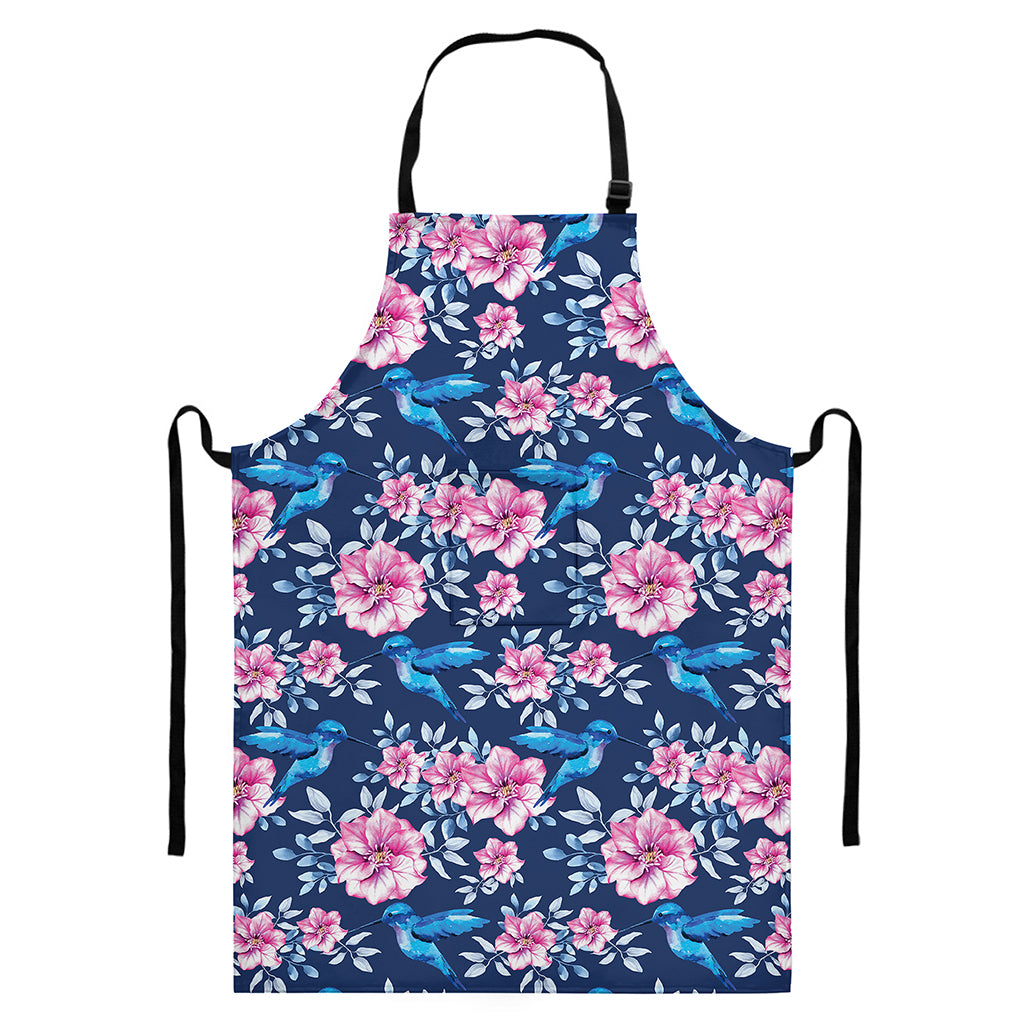 Pink Flowers And Hummingbird Print Bib Apron With Pocket