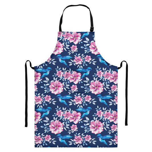 Pink Flowers And Hummingbird Print Bib Apron With Pocket