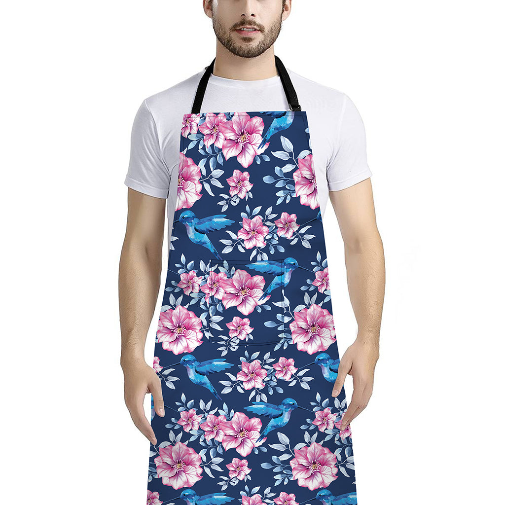Pink Flowers And Hummingbird Print Bib Apron With Pocket