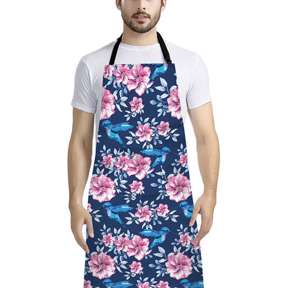 Pink Flowers And Hummingbird Print Bib Apron With Pocket