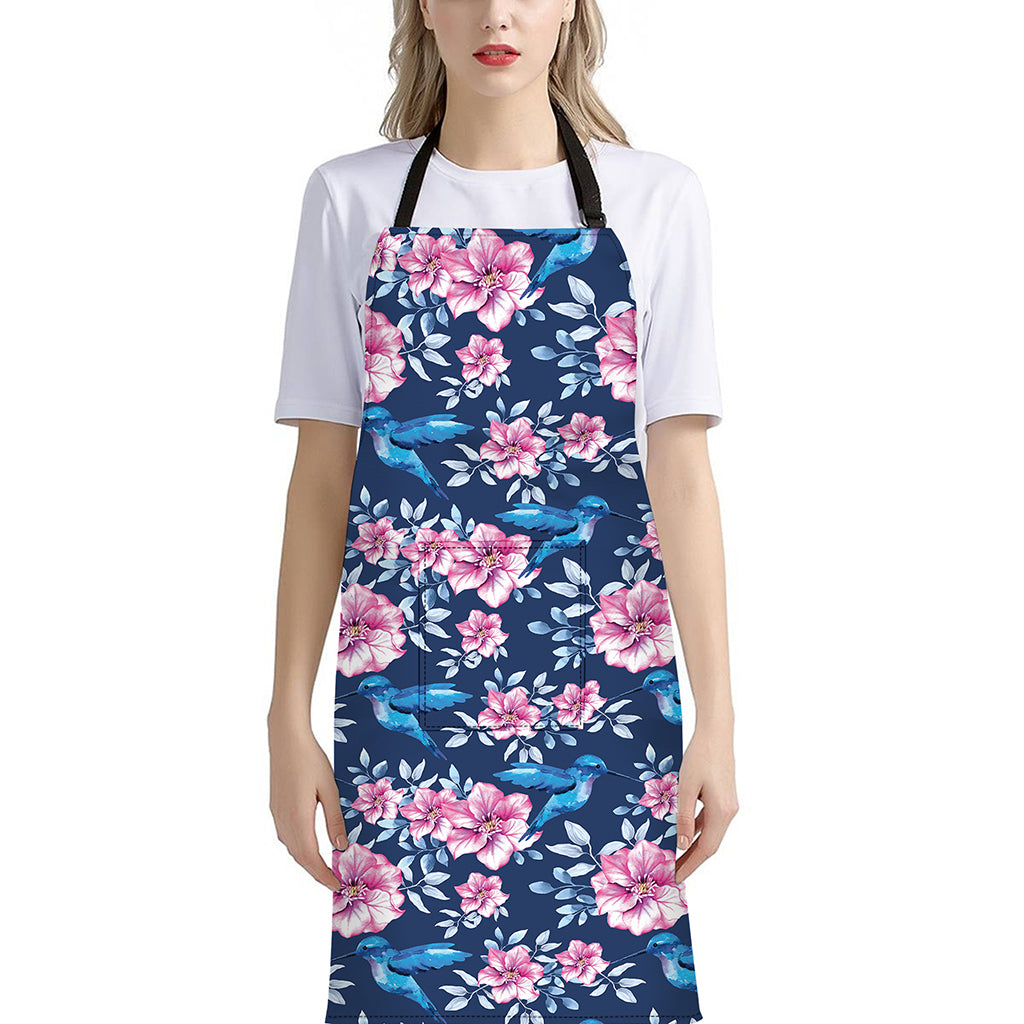 Pink Flowers And Hummingbird Print Bib Apron With Pocket