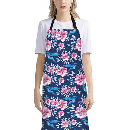 Pink Flowers And Hummingbird Print Bib Apron With Pocket