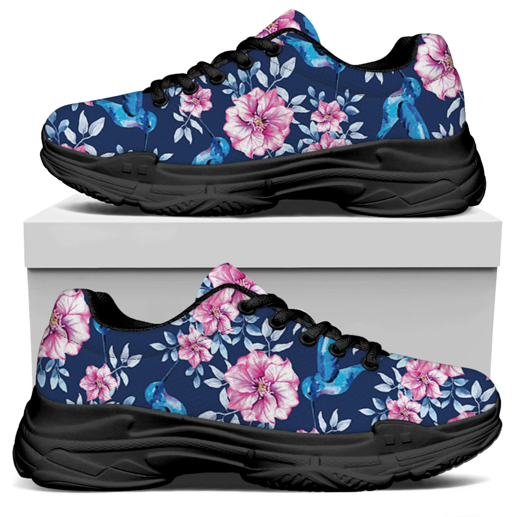 Pink Flowers And Hummingbird Print Black Chunky Shoes