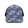 Pink Flowers And Hummingbird Print Black Mesh Trucker Hat
