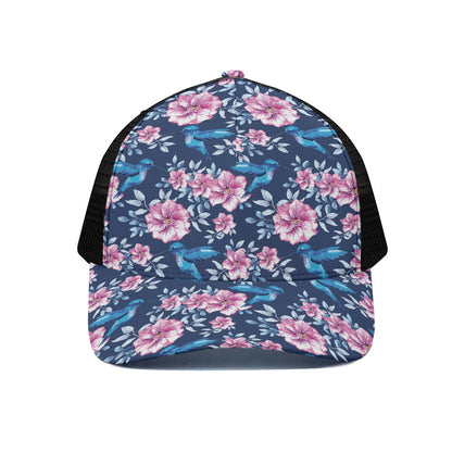 Pink Flowers And Hummingbird Print Black Mesh Trucker Cap
