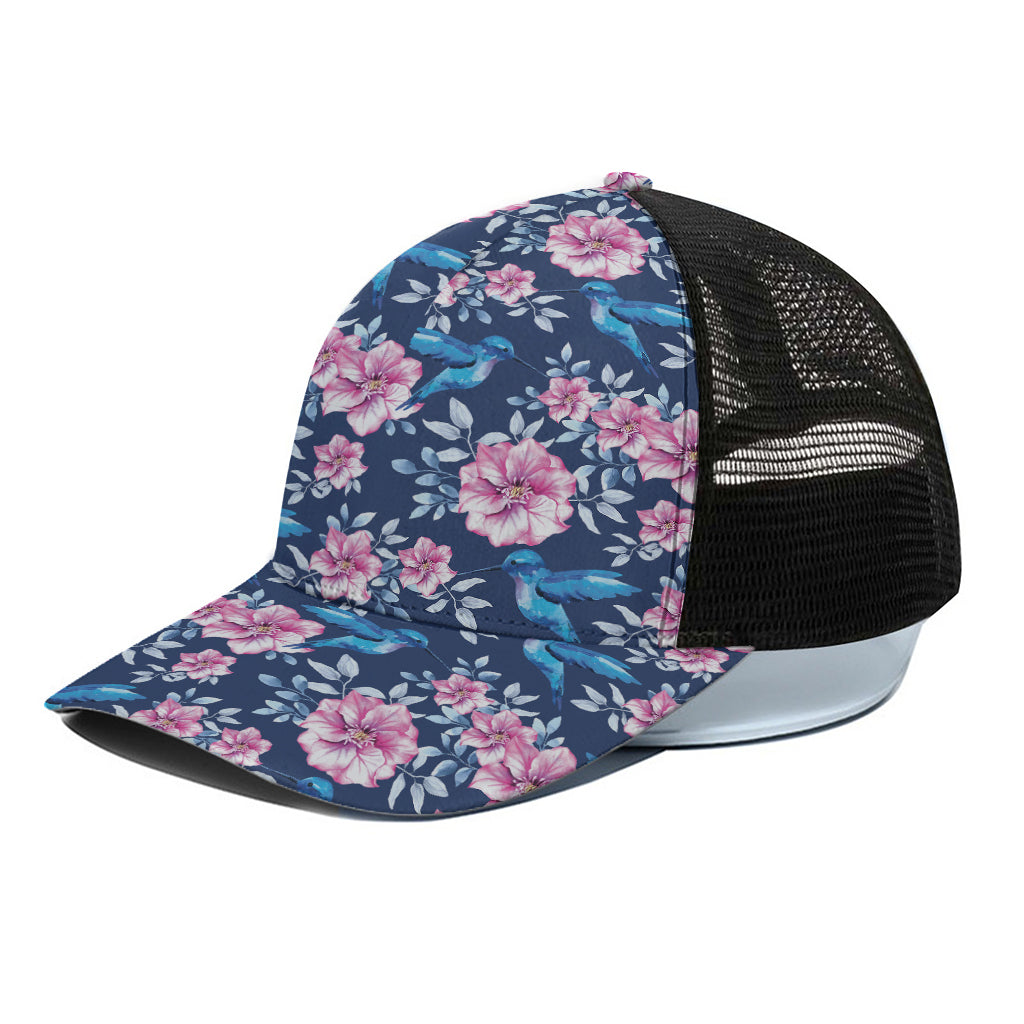 Pink Flowers And Hummingbird Print Black Mesh Trucker Cap