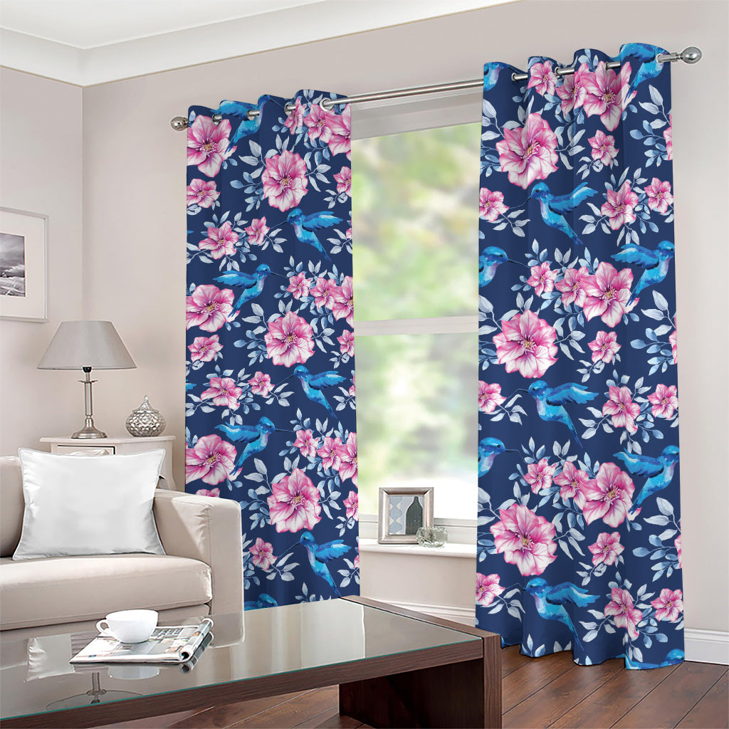 Pink Flowers And Hummingbird Print Blackout Grommet Curtains