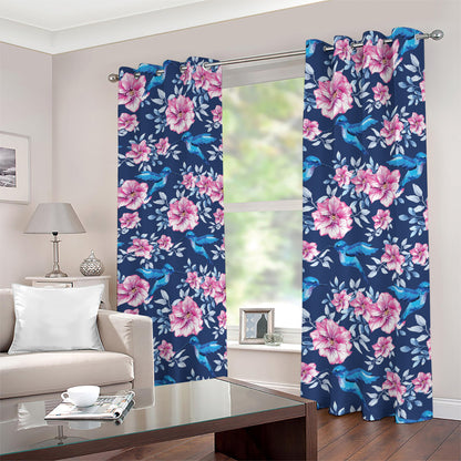 Pink Flowers And Hummingbird Print Blackout Grommet Curtains