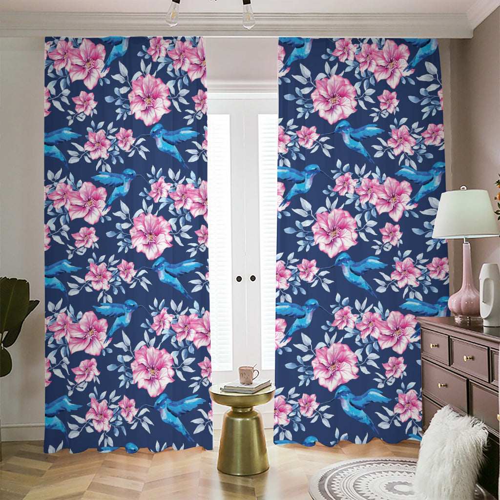 Pink Flowers And Hummingbird Print Blackout Pencil Pleat Curtains