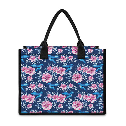 Pink Flowers And Hummingbird Print Canvas Tote Bag