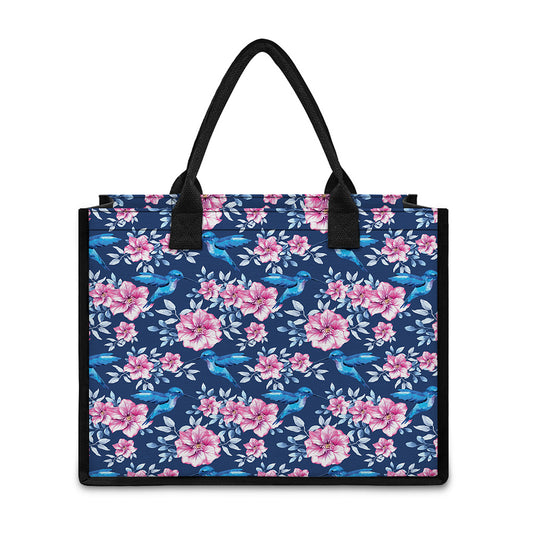 Pink Flowers And Hummingbird Print Canvas Tote Bag