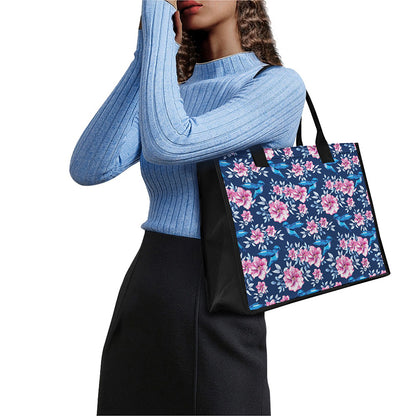Pink Flowers And Hummingbird Print Canvas Tote Bag