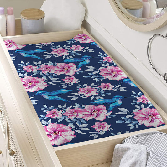 Pink Flowers And Hummingbird Print Changing Pad Cover