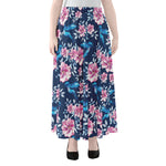 Pink Flowers And Hummingbird Print Chiffon Maxi Skirt