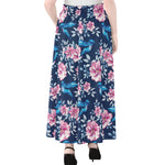 Pink Flowers And Hummingbird Print Chiffon Maxi Skirt