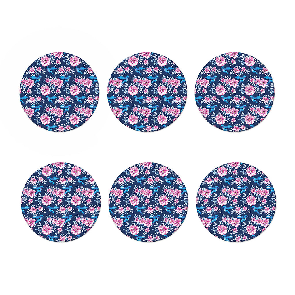 Pink Flowers And Hummingbird Print Coaster Set