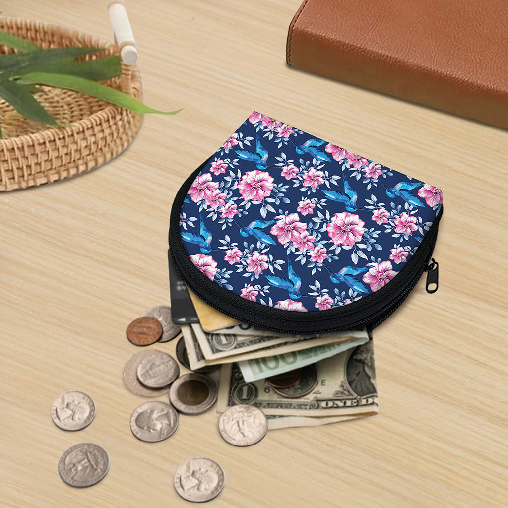 Pink Flowers And Hummingbird Print Coin Purse