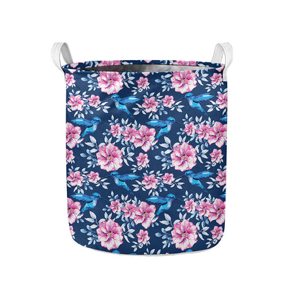 Pink Flowers And Hummingbird Print Collapsible Laundry Basket