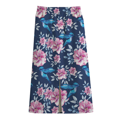 Pink Flowers And Hummingbird Print Cotton Front Slit Maxi Skirt