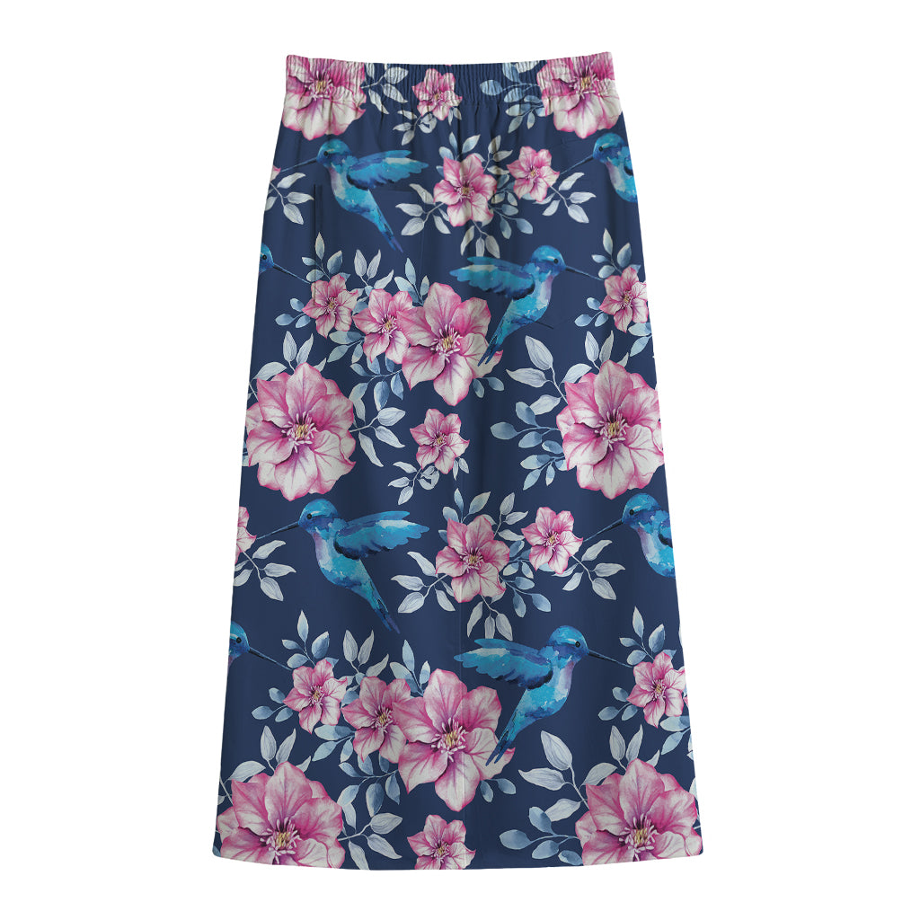 Pink Flowers And Hummingbird Print Cotton Front Slit Maxi Skirt