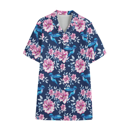 Pink Flowers And Hummingbird Print Cotton Hawaiian Shirt
