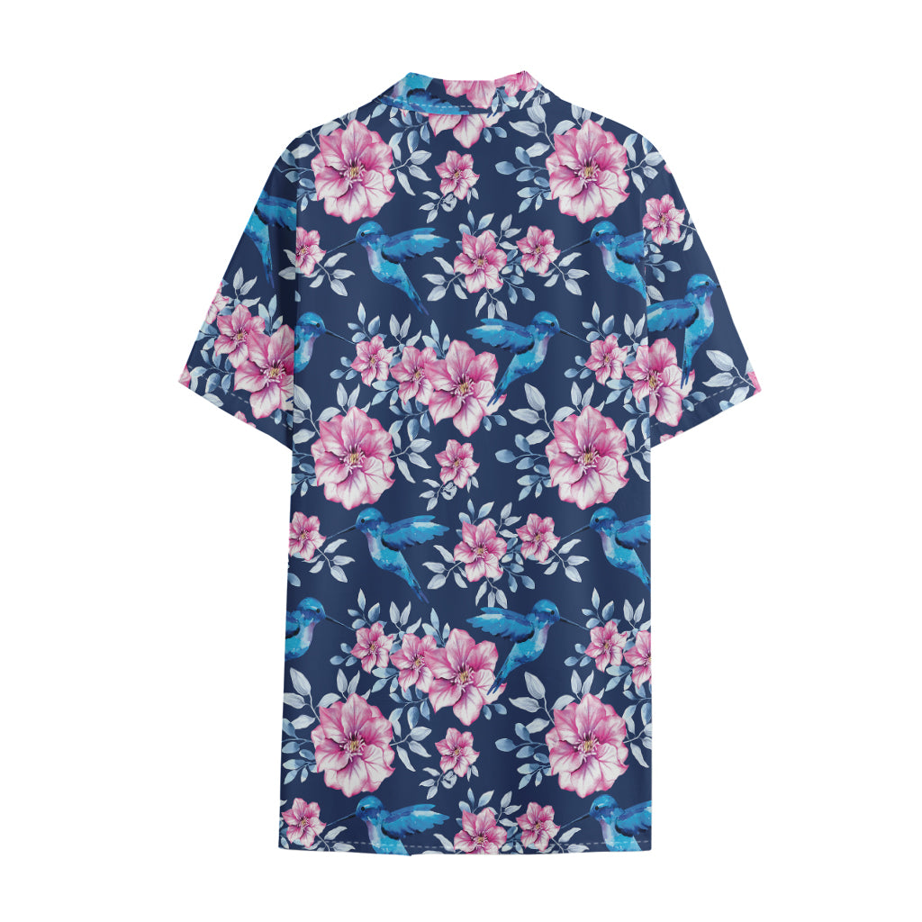 Pink Flowers And Hummingbird Print Cotton Hawaiian Shirt