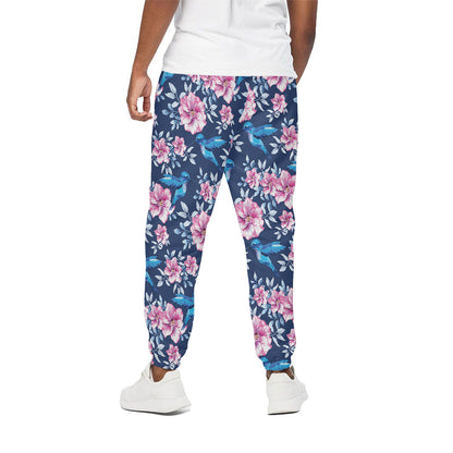 Pink Flowers And Hummingbird Print Cotton Pants