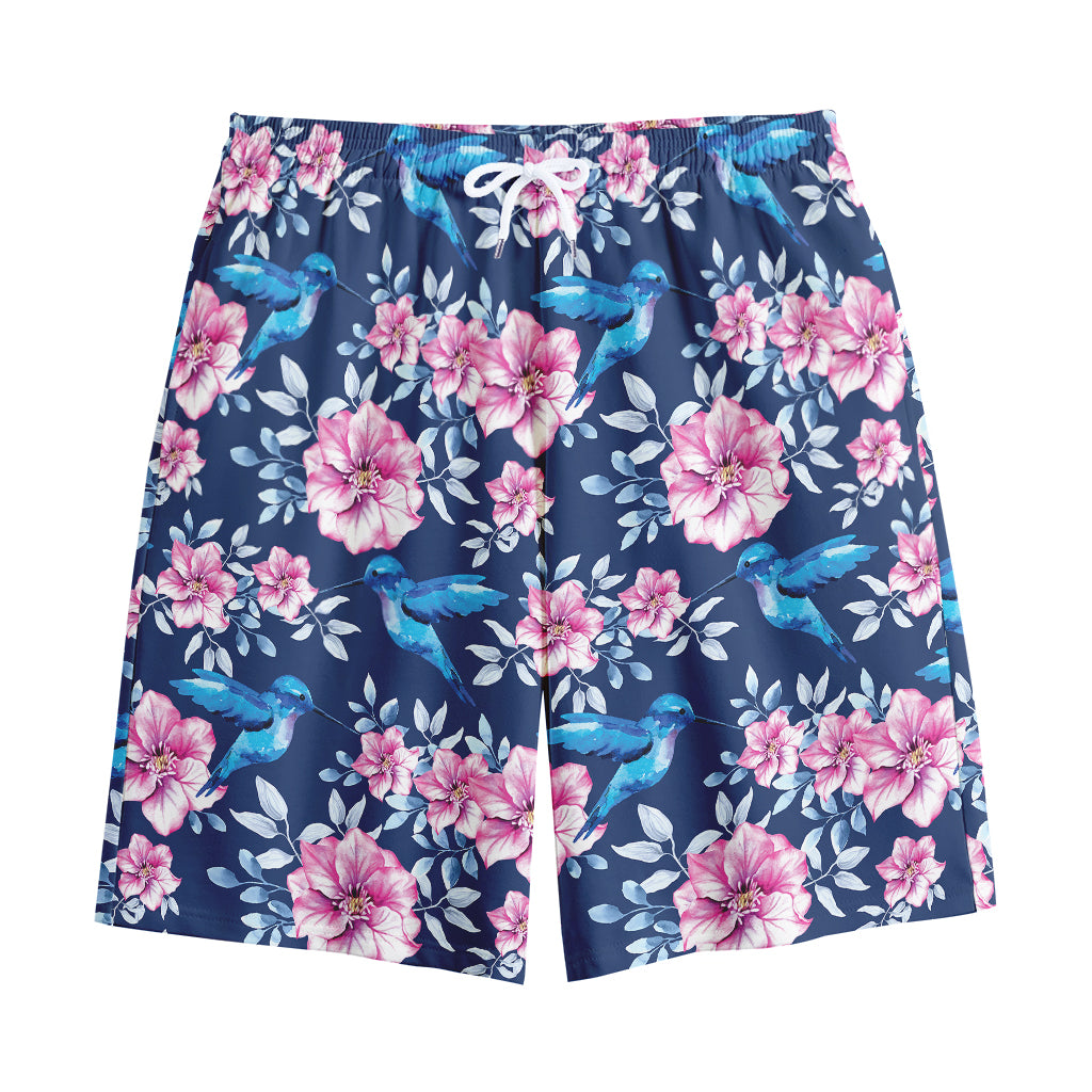 Pink Flowers And Hummingbird Print Cotton Shorts