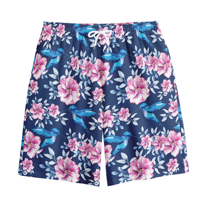 Pink Flowers And Hummingbird Print Cotton Shorts