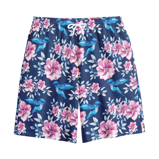 Pink Flowers And Hummingbird Print Cotton Shorts