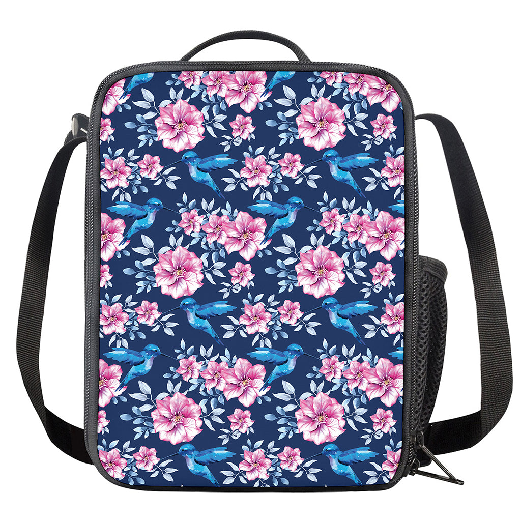 Pink Flowers And Hummingbird Print Crossbody Lunch Bag