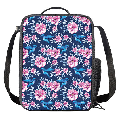 Pink Flowers And Hummingbird Print Crossbody Lunch Bag